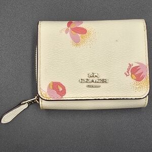 COACH C6041 Trifold Wallet Floral Print Ivory Coated Canvas Beige Leather **